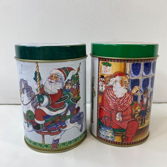 Set Of 2 Vintage Christmas Santa Claus Carousel Window Tin Canisters With Lids - Picture 1 of 16